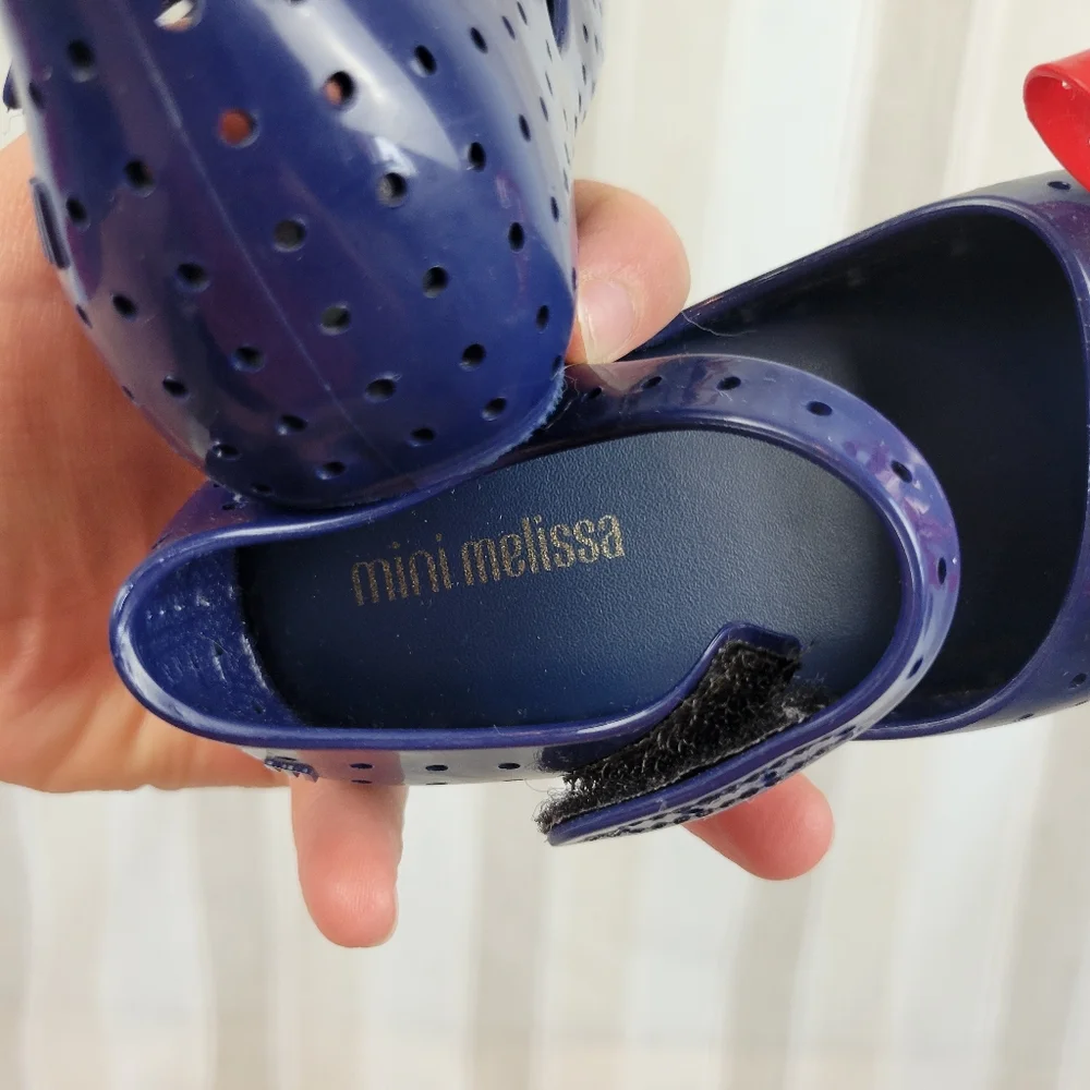 Mini Melissa Furadinha Jelly Flats Mary Jane Shoes Size 7 Blue Red Bow‎